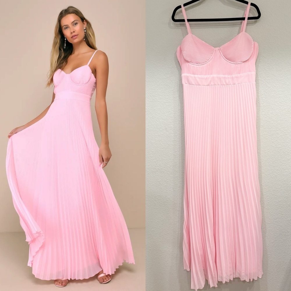 NWOT Lulus Certainly Lovely Light Pink Pleated Bustier Maxi Dress